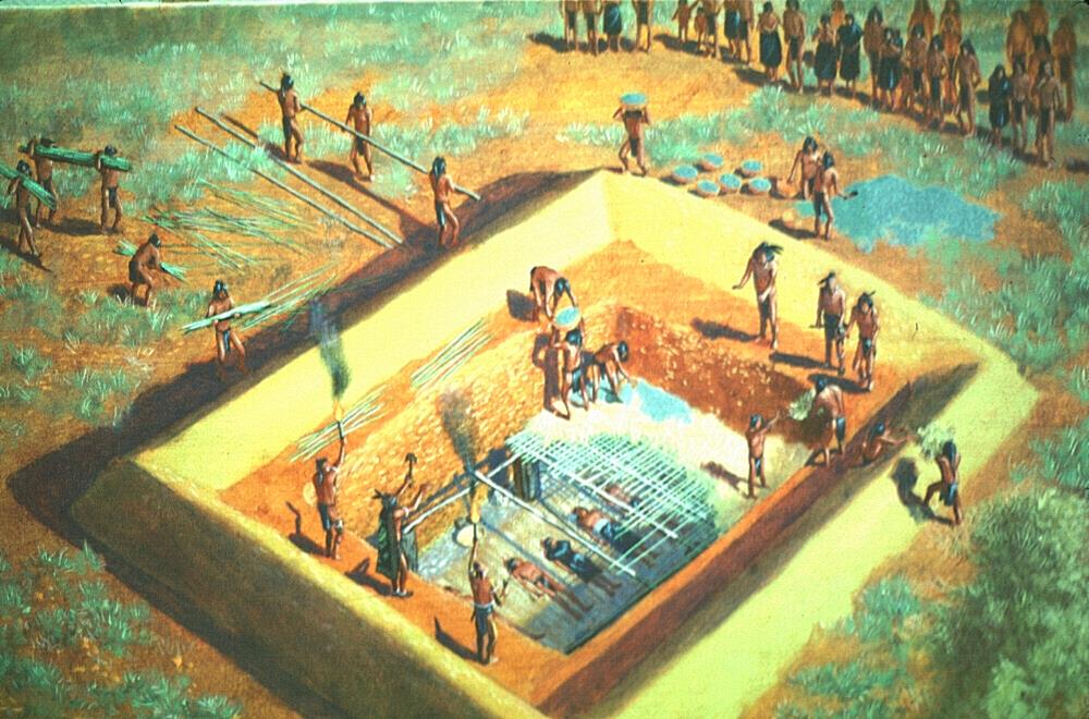 illustration of workers making a roof-like cover over the graves, burial goods, and tomb
