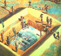 illustration of workers making a roof-like cover over the graves, burial goods, and tomb