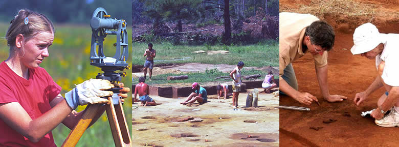 tryptic of photographs: woman adjusting transit, six people excavating a site, and close up of two people excavating