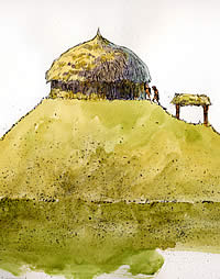 an illustration of a grass-thatched temple on a mound