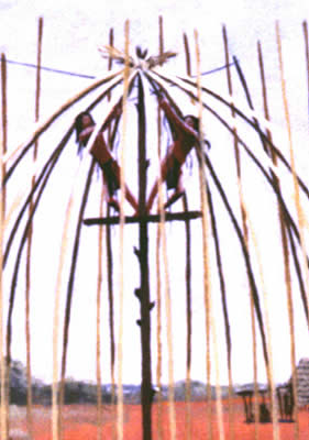 illustration of two people on central scaffolding within the pole skeleton of a domed house