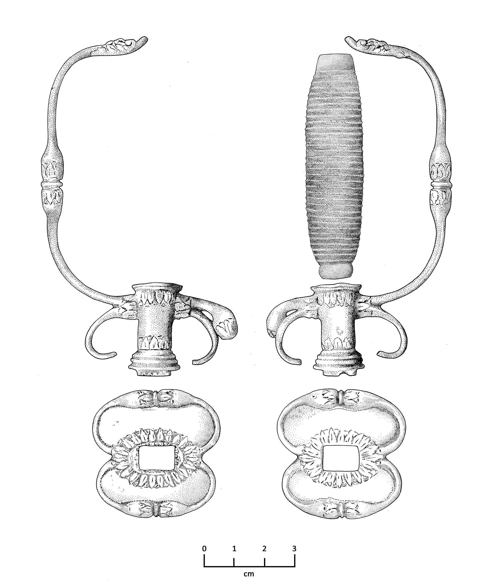a detailed black and white illustration of ornate sword hilt parts