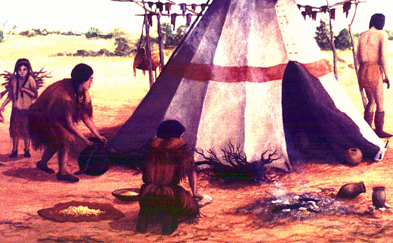 painting of people cooking on the ground outside a tipi
