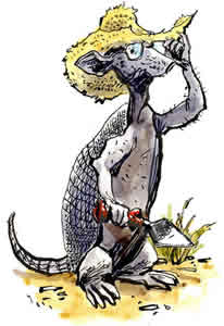 Illustration of an armadillo wearing a straw hat and glasses and holding a trowel