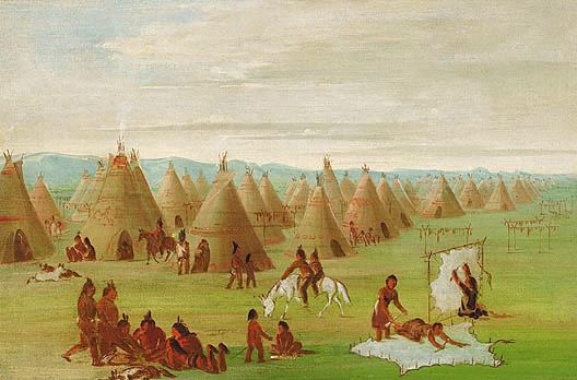 Illustration of a Plains Indian group removing the flesh from a hide with many teepees in the background.