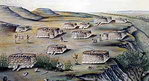 painting of about a dozen flat roofed, rectagular stone houses on a bluff over a drainage