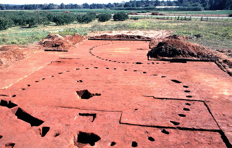 Caddoan Mounds excavation with circles of posholes visible