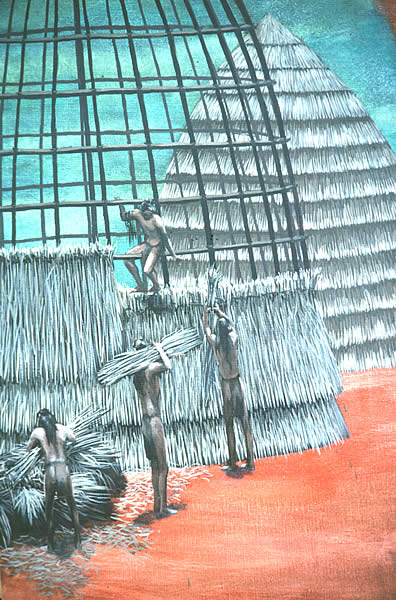 painting of workers covering a Caddo house