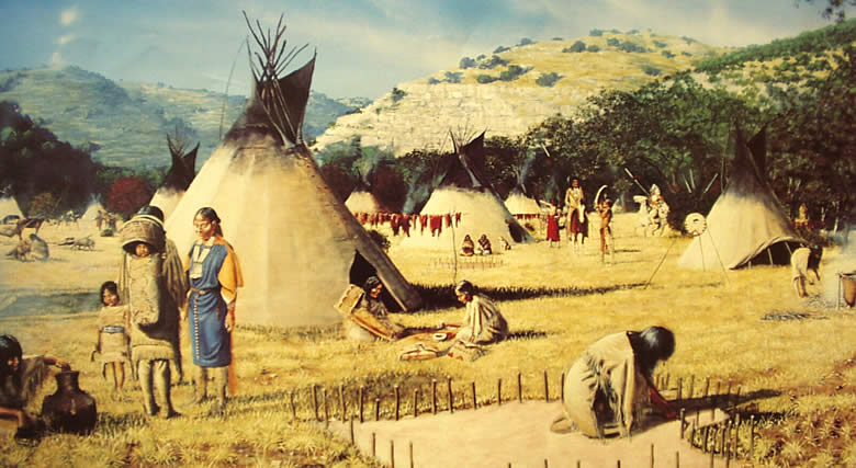 painting of many tipis in a valley between hills
