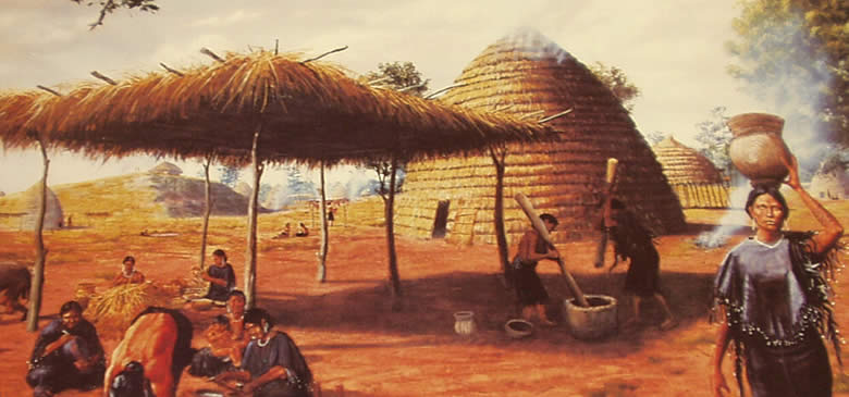 painting of a village scene with grass house