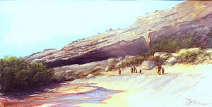 painting of a rockshelter in a canyon