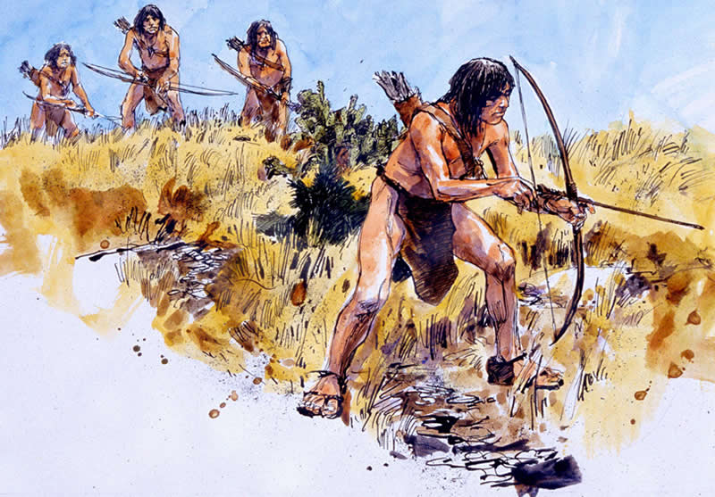 illustration of a row of people crouching in grass holding bows and arrows