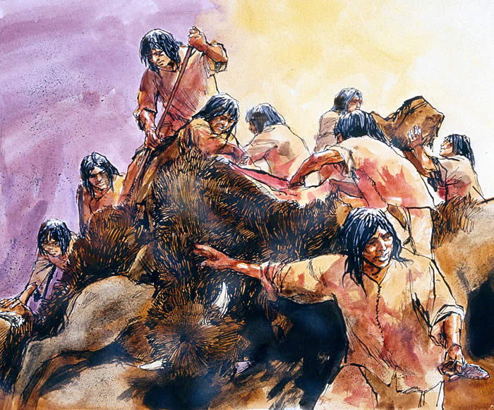 painting of people butchering a mound of buffalo