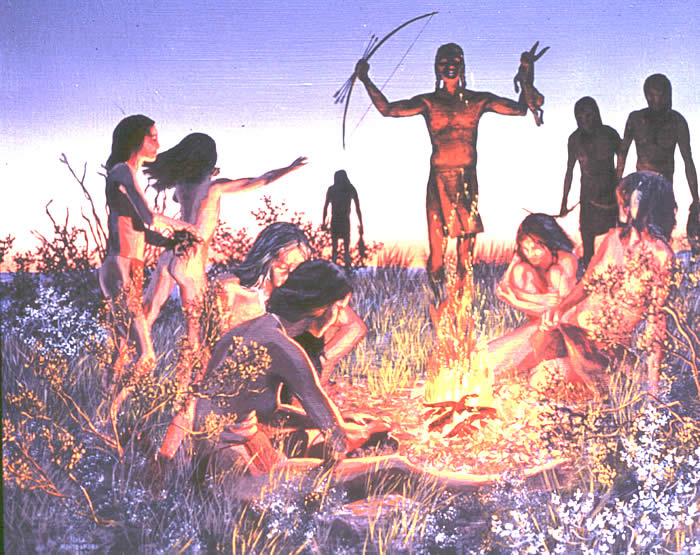 painting of hunter holding a bow and rabbin while silhouetted behind a camp fire with people around it