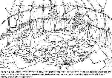 black and white line drawing of the inside of a hut