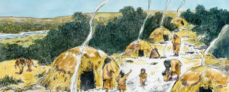 Illustration of a group of huts between low trees on yellow hills, with smoke coming from a small hole in the roof. People are dotted between the huts.