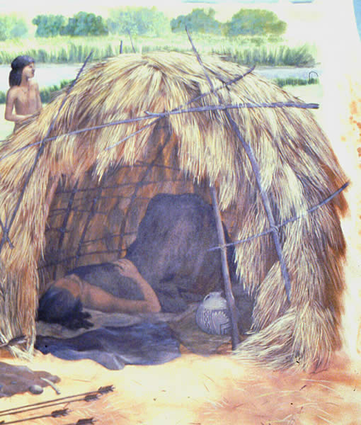 Illustration of a brush hut with someone lying down inside of it.