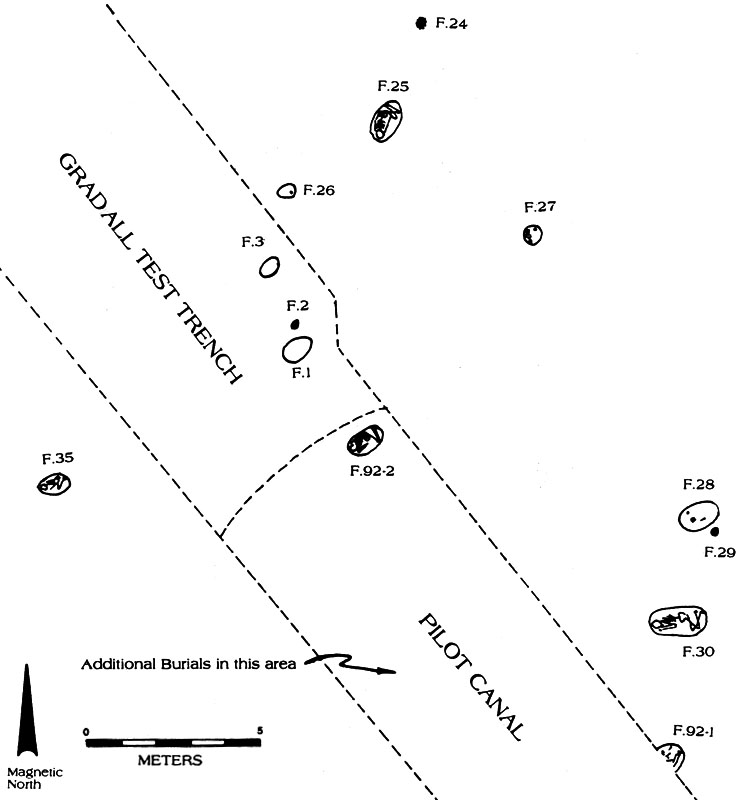 Image of Area 1 cemetery showing burial features, pilot canal, and initial gradall test trench.