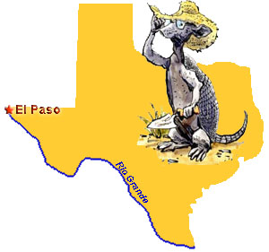 illustration of an anthropomorphic armadillo wearing a hat and glasses, standing on a yellow Texas shape with El Paso and a star marked at the far west point