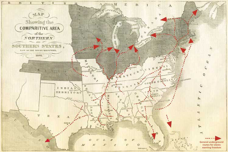 sepia colored map of the south and eastern USA, with red arrows showing routes of travel