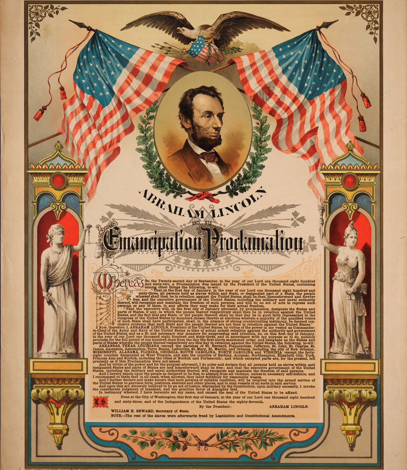 sepia page of text highly decorated around the borders with American flags, branches, statues, and Abraham Lincoln's face