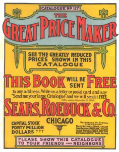 colorful poster with lots of text about the Sears Roebuck catalog.
						