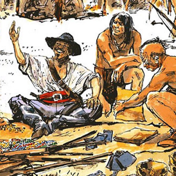 three men sitting around a cluster of tools and other goods, one man in European clothing and two in Native American attire.