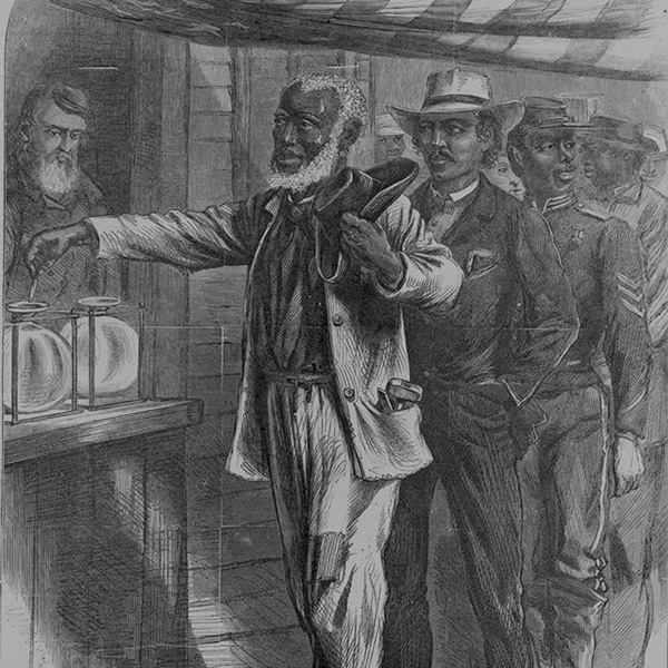 black and white illustration of four men standing in line and one man behind a counter