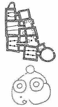 Plan maps comparing rectangular buildings with thick walls to circular patterns of thin walls. 